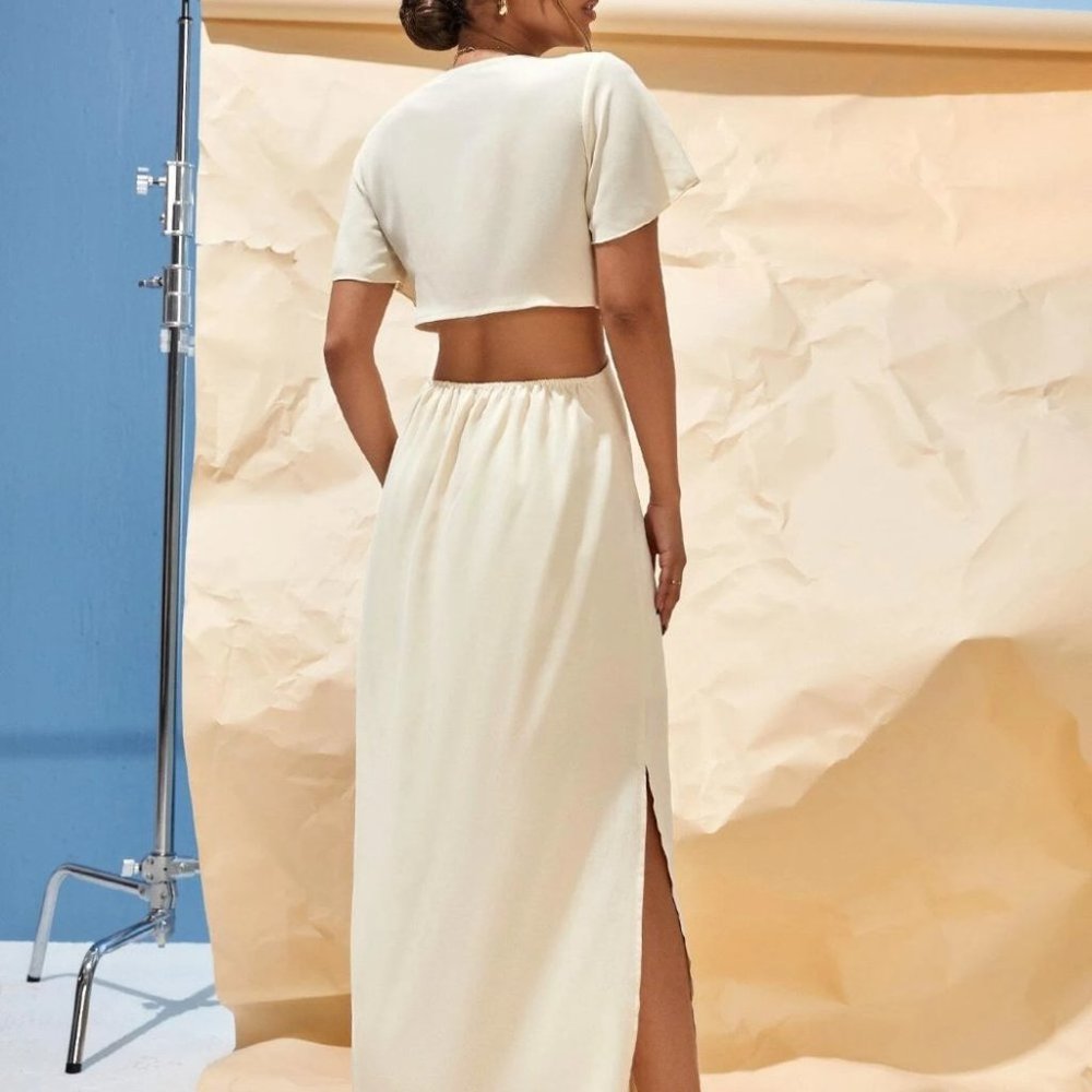 TIE FRONT CUT OUT SPLIT HEM MAXI DRESS BEIGE - Picture 2 of 6